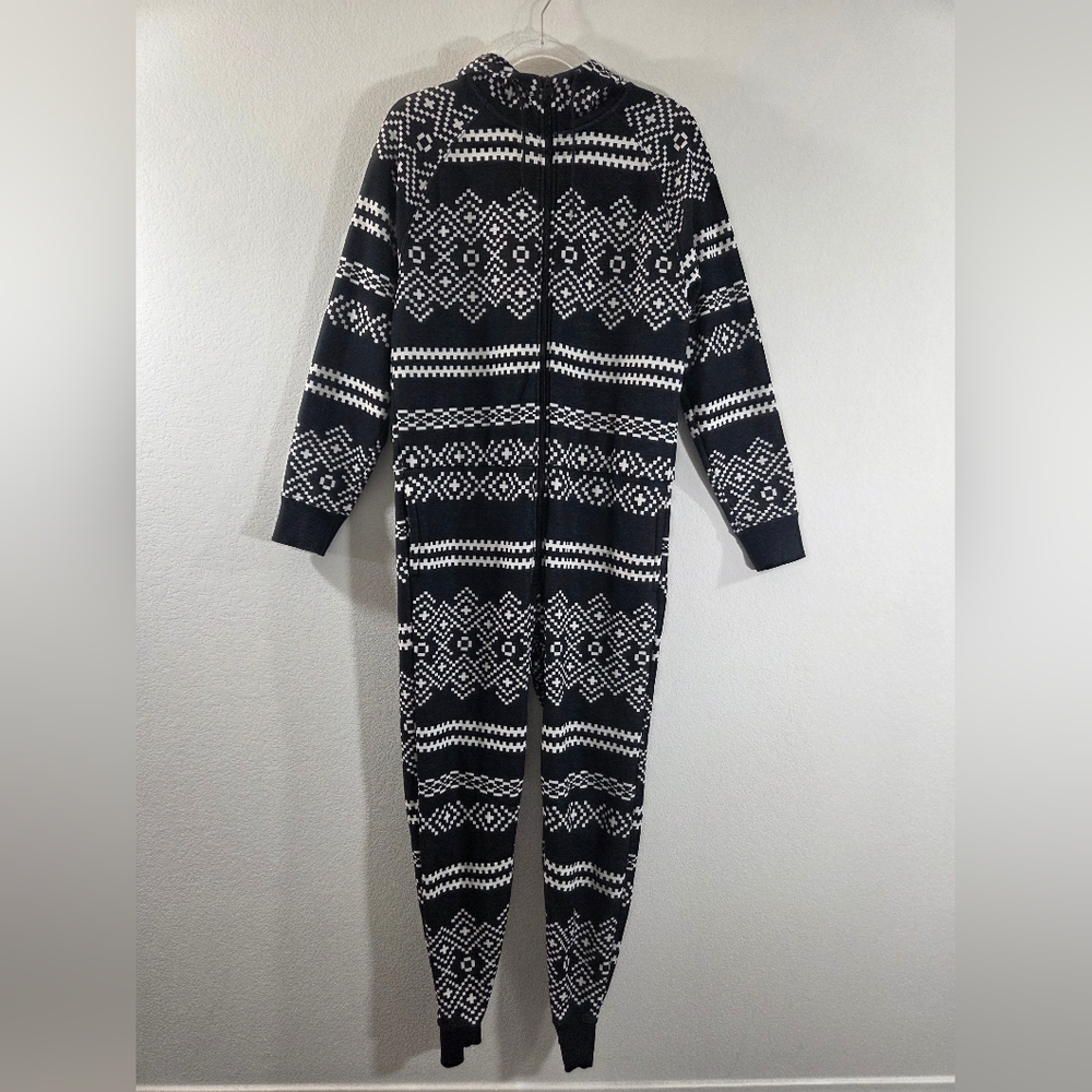 FABLETICS The Go-To Onesie Black Nordic Fair Isle Hooded Fleece-Lined Zip Front